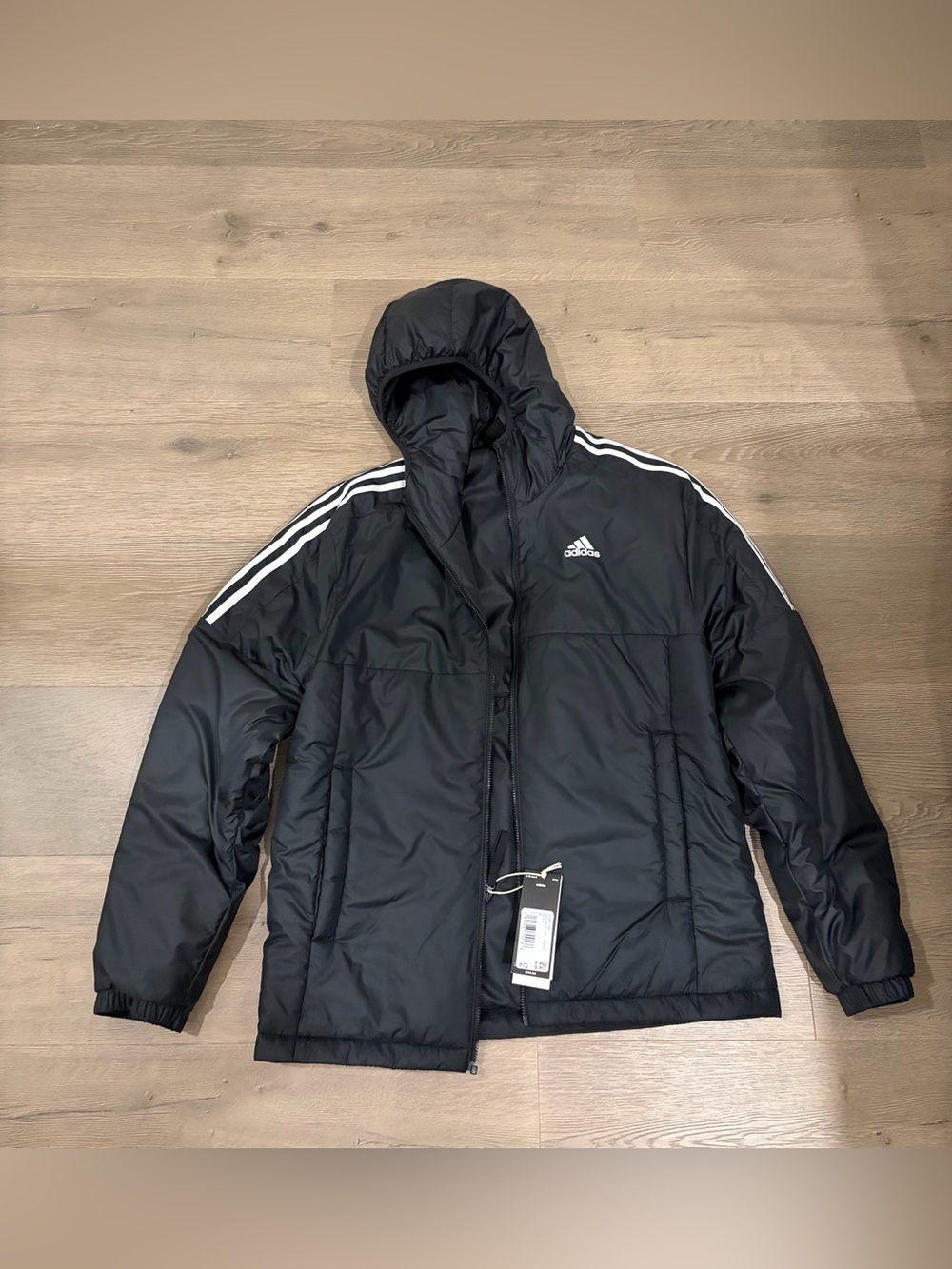 adidas Black Hooded Puffer Jacket with White Three-Stripes